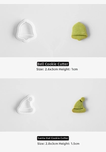 Detail view of bell and Christmas hat cookie molds with specific size dimensions