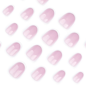 Classic French tip short round press-on nails with glossy pink base and white edges