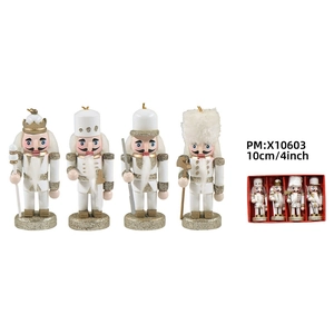 Set of four 10cm white and gold wooden Nutcracker soldiers for Christmas tree decoration