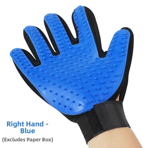 Detail view of a blue silicone pet grooming glove with massage tips for de-shedding fur