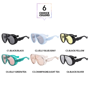 Selection of six thick-frame wraparound shield sunglasses in multiple color options