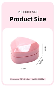 Pink heart-shaped jewelry box dimensions showing 7.2cm x 6.6cm x 4.5cm and 0.061kg weight