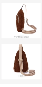 Detail view of brown sherpa belt bag with ethnic patterned woven strap and metal hardware