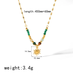 18k gold stainless steel sun pendant necklace with natural green and white stone beads