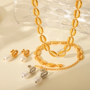 Golden shell jewelry set with stainless steel necklace, bracelet and pearl earrings