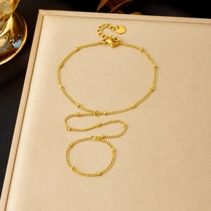 Hand Harness Hand Chain Gold Plated Stainless Steel Thin Chain Station Beads Finger Ring Bracelet For Women