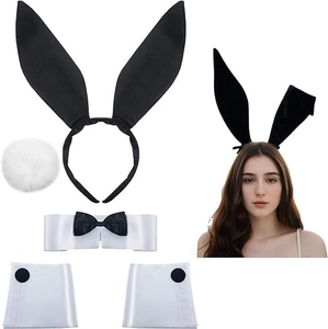 Detail of 4-piece bunny cosplay set featuring black satin ears, bowtie and cuffs