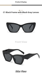 Detail of square cat eye sunglasses in black frame with dark grey lenses C1