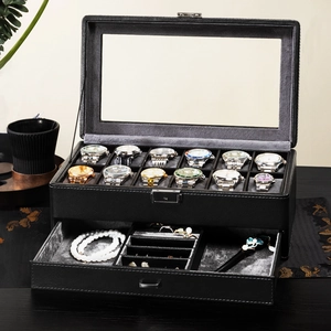 Zweistöckige 12-Slot Uhrenbox aus schwarzem Leder mit Schmuckschublade und Glasfenster