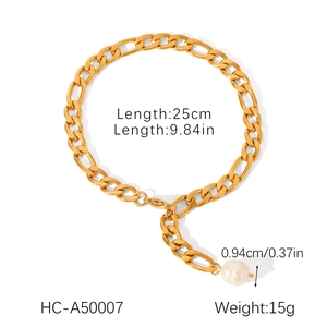 Detail of 18K gold stainless steel Figaro anklet with freshwater pearl and dimensions