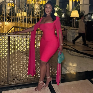 Slim fit rose red bodycon dress featuring elegant square neck and long split cape sleeves