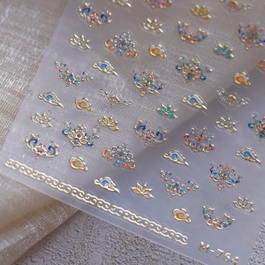 Chinese retro style nail stickers with gold lotus and auspicious cloud patterns M764