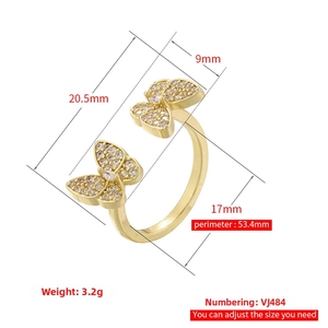 Detailed dimensions of butterfly ring with cubic zirconia inlay and adjustable open band