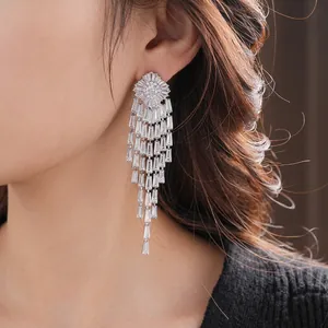 Luxurious silver tassel earrings with tiered rectangular cubic zirconia crystals