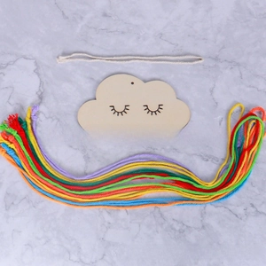 Detailed DIY kit of cloud-shaped wooden board with colorful rainbow cotton ropes