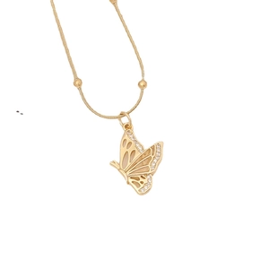 Golden butterfly necklace with zircon micro-paving and snake chain on white background