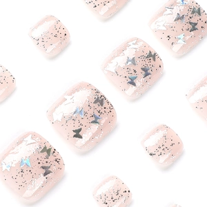 Silver glitter butterfly sequins on pink translucent press-on toe nails set