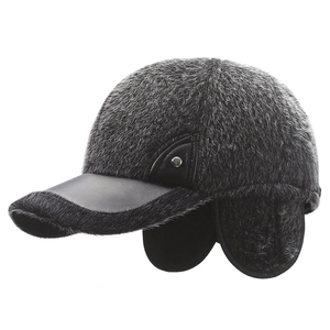 Winter men's faux fur baseball cap with hidden earflaps and premium black leather brim