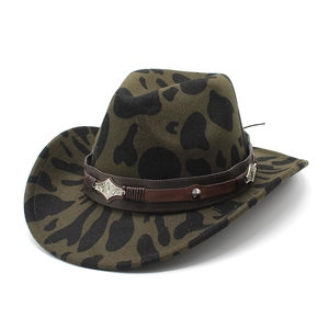 Olive green cow print western cowboy hat with leather band and vintage metal buckles
