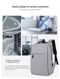 Detailed view of grey business laptop backpack with external USB charging port and durable fabric