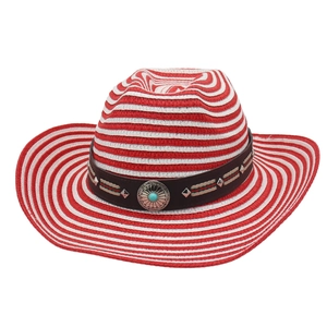 Red and white striped western straw cowboy hat with vintage concho and turquoise detail