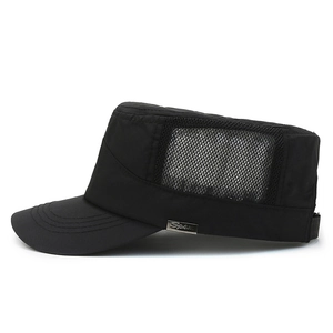 Breathable black flat top military cap for men with side mesh and metal Sport logo