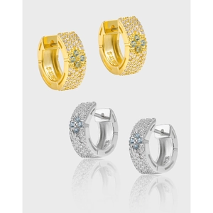 S925 sterling silver four-leaf clover earrings with full pavé diamonds in gold and silver