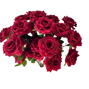 Artificial 3-head diamond rose bouquet in deep red silk for wedding decoration