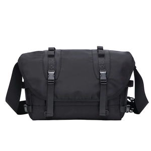 Men's black nylon messenger bag with adjustable double buckles and minimalist design