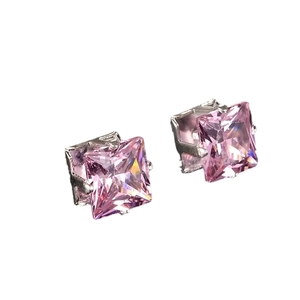 Pink 8mm square zircon stud earrings with stainless steel four-claw setting