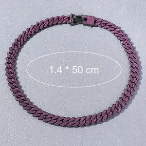 Detail of 1.4*50 cm black Cuban link chain with purple rhinestones and square buckle