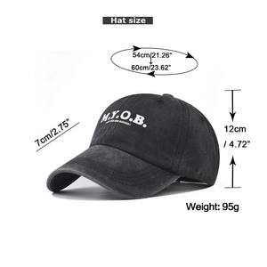 Detailed size measurement chart for the washed cotton baseball cap with MYOB embroidery