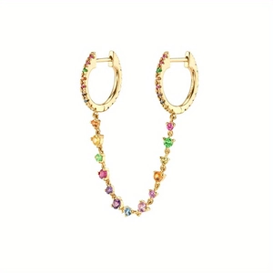Rainbow cubic zirconia gold C-shaped double hoop earrings with connection chain