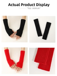 Detailed knit texture of red and black long fingerless sleeves with ribbed cuffs