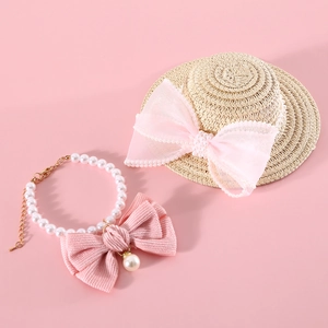 Elegant pet straw hat with lace bow and matching pearl necklace set for cats and dogs