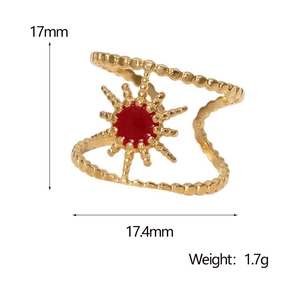 Detailed size parameters of adjustable gold ring with red sunburst enamel design