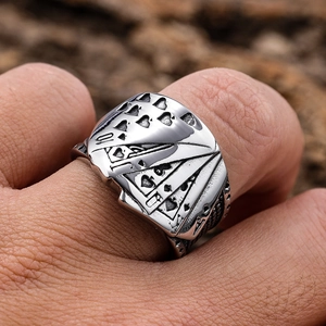 Men's stainless steel vintage poker royal flush ring with textured black details