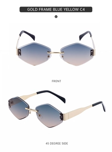 Detail of rimless hexagonal sunglasses featuring gold metal temples and blue-yellow gradient lenses