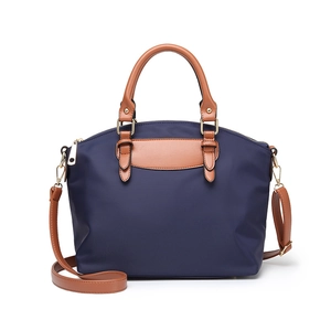 Classic oxford fabric Boston bag with brown leather handles and adjustable shoulder strap