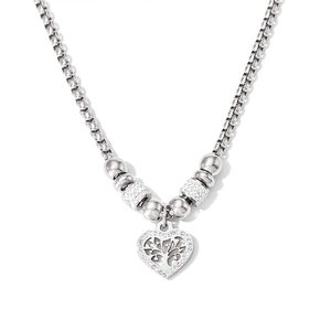 Silver stainless steel heart tree of life necklace with pavé crystal charms