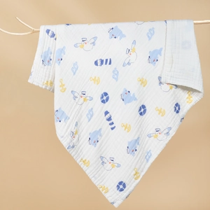 Soft six-layer cotton gauze baby swaddle blanket featuring nautical sea gull and lighthouse print