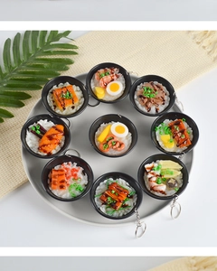 Variety set of miniature Japanese eel rice bowl food models with realistic texture and details