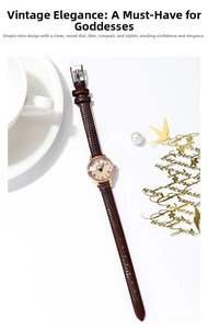 Detail of vintage ladies quartz watch with brown leather strap on elegant white desk
