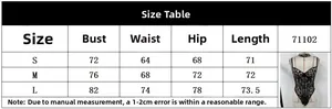 Size guide with bust, waist, and hip measurements for leopard print lace bodysuit