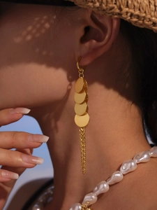 Détail de boucles d'oreilles pampilles à disques dorés 18 carats portées par un mannequin