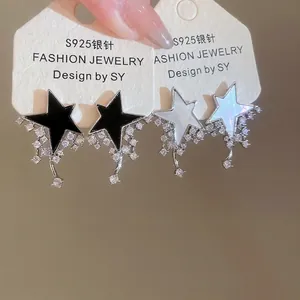Star Tassel Pendant Stud Earrings Alloy Zircon With 925 Sterling Silver Earring Post Mother Of Artificial Pearl Elegant For Women