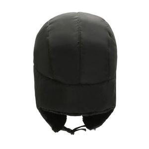 Winter thermal trapper hat in black windproof fabric with plush lining back view