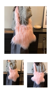 Detailed views of a trendy pink plush crossbody bag shown from multiple angles on a model
