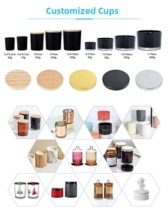 Detailed chart of various candle jar sizes and lid styles including wood and metal finishes