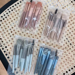 8-piece macaron soft bristle makeup brush set with storage bag in four pastel colors